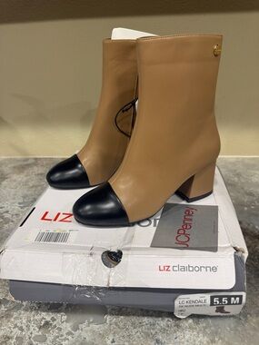 Liz Claiborne Tan and Black Cap-Toe Block Heel Ankle Boots